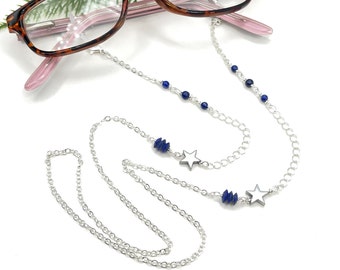 Lapis Lazuli Sunglasses Necklace, Eyeglasses Chain, Blue Stone Necklace, Glasses Holder, Reading Glasses, Star Charm Glasses Chain, Grandma