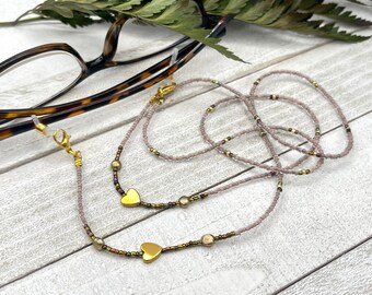 Gold Heart Hematite Gemstone Eyeglass Necklace, Pearl Glasses Lanyard, Sunglasses Chain, Grandma Gift, Pink Reading Glasses Holder