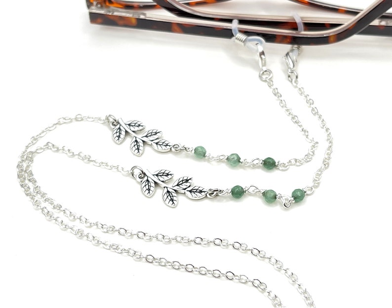 Jade Gemstone Necklace, Green Stone Necklace, Eyeglasses Chain, Silver Leaf Necklace, Eyeglass Holders, Glasses Chain, Sunglasses Necklace image 8