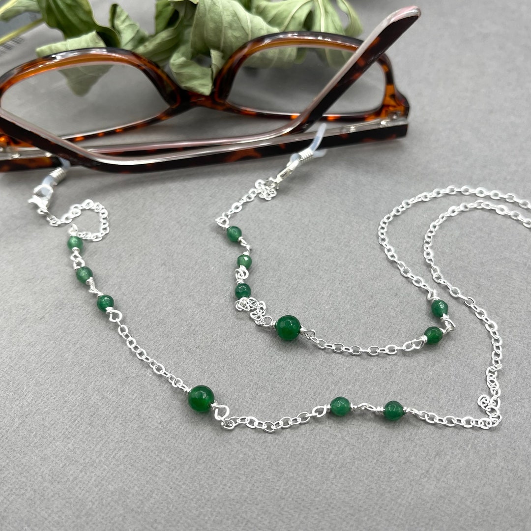 Jade Gemstone Eyeglass Necklace, Green Natural Stone Sunglasses Lanyard