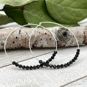 Black Onyx Gemstone Earrings, Large Hoop Earrings, Minimalist Stone Statement Hoops, Beaded Crystal Trendy Earrings, Everyday Hoops