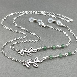 Jade Gemstone Necklace, Green Stone Necklace, Eyeglasses Chain, Silver Leaf Necklace, Eyeglass Holders, Glasses Chain, Sunglasses Necklace image 1