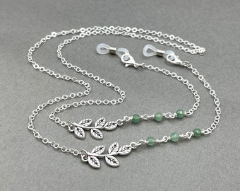 Jade Gemstone Necklace, Green Stone Necklace, Eyeglasses Chain, Silver Leaf Necklace, Eyeglass Holders, Glasses Chain, Sunglasses Necklace