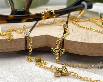 Tiger Eye Citrine Gemstone Gold Bee Glasses Necklace, Brown Stone Sunglasses Chain, Grandma Gift