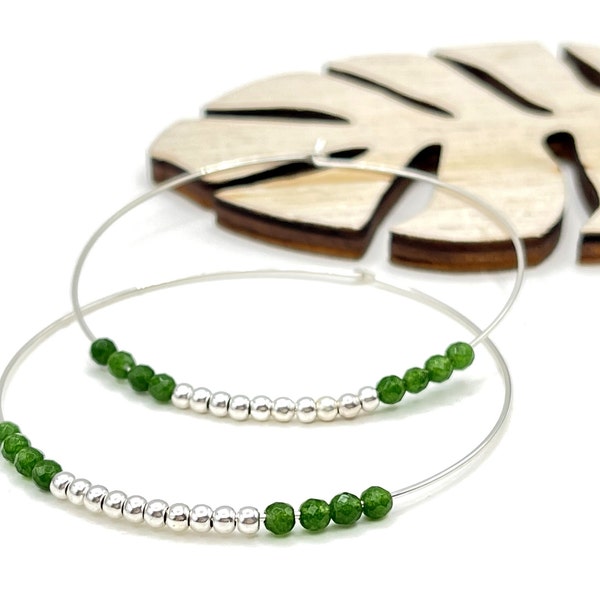 Green Jade Gemstone Earrings, Large Hoop Earrings, Silver Beaded Hoops, Minimalist Stone Earrings, Everyday Delicate Hoops, Crystal Earrings