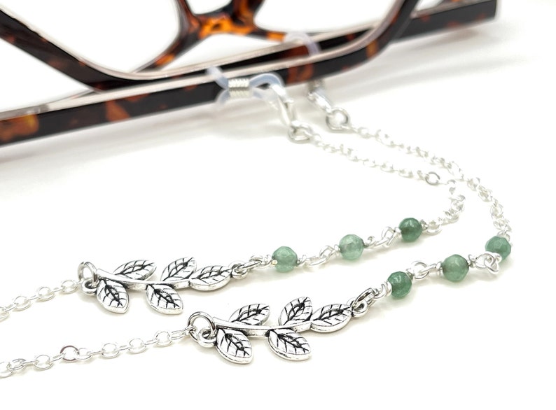 Jade Gemstone Necklace, Green Stone Necklace, Eyeglasses Chain, Silver Leaf Necklace, Eyeglass Holders, Glasses Chain, Sunglasses Necklace image 3