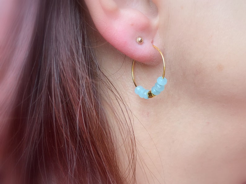 Gift for Her Women Earrings Gift Blue Earrings Gemstone Earrings Gold Hoop Earrings Small Boho Earrings Beaded Gold Hoops