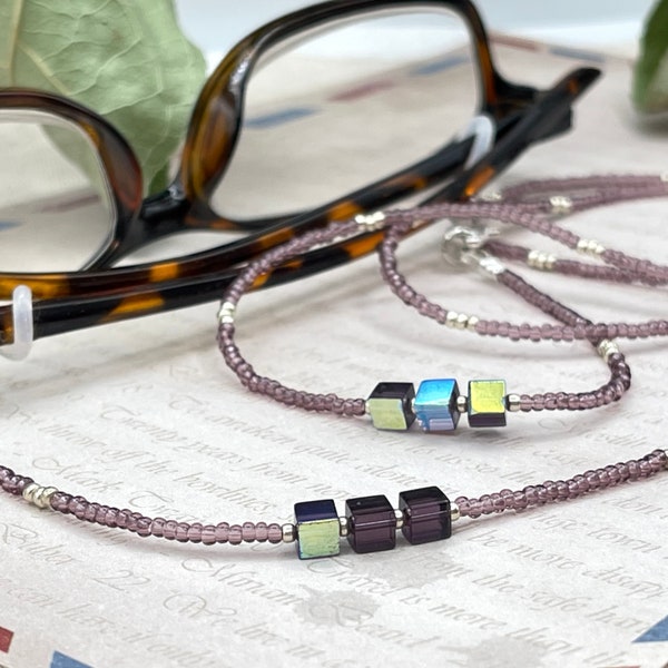 Purple Beaded Eyeglass Necklace, Crystal Sunglasses Lanyard, Reading Glasses Seed Beads Chain, Grandma Mom Gift, Eyeglasses Holders