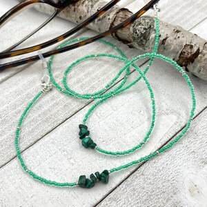 Malachite Gemstone Eyeglasses Necklace, Beaded Green Eyeglass Holder, Sunglasses Lanyard, Reading Glasses Chain, Grandma Gift, May Birthday