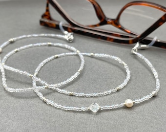 Pearl Eyeglass Necklace, Sunglass Necklace, CZ Glasses Necklace, Grandma Gift, Laces for Sunglasses, White Pearl Necklace, Beaded Necklace
