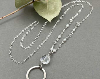 Crystal Cz Pearl Silver Eyeglasses Lanyard, Reading Glasses Eyeglass Loop, Badge Holder Necklace, Sunglasses Chain Grandma Birthday Gift