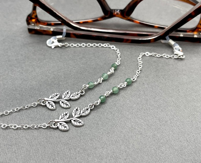 Jade Gemstone Necklace, Green Stone Necklace, Eyeglasses Chain, Silver Leaf Necklace, Eyeglass Holders, Glasses Chain, Sunglasses Necklace image 4