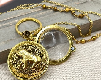 Gold Elephant Magnifying Glass Necklace, Sunglasses Badge Lanyard, Reading Glasses Chain, Animal Necklace, Grandma Teacher Nurse Gift