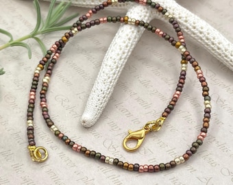 Brown Beaded Choker Necklace, Minimalist Neutral Colors Seed Beads Chain