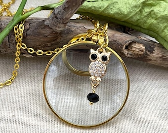 Gold Magnifying Glass Owl Charm Black Crystal Magnifying Necklace, Magnifier Bird Lanyard, Grandma Gift