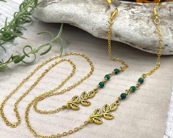 Green Malachite Gemstone Eyeglass Chain, Gold Leaf Sunglasses Lanyard, Reading Glasses Necklace, Grandma Gift