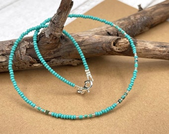 Turquoise Gemstone Beaded Choker, Delicate Dainty Necklace, Minimalist Layered Necklace, Tiny Seed Beads Boho Chain, December Birthday Gift