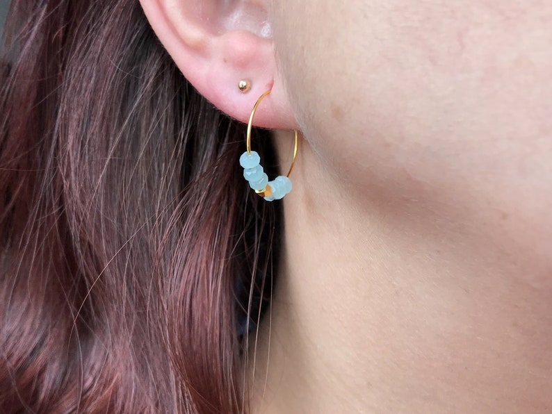 Gift for Her Women Earrings Gift Blue Earrings Gemstone Earrings Gold Hoop Earrings Small Boho Earrings Beaded Gold Hoops