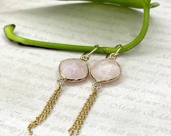 Rose Quartz Square Crystal Dangle Earrings, Long Chain Pink Stone Earrings, January Birthday Birthstone Earrings, Statement Wedding Jewelry