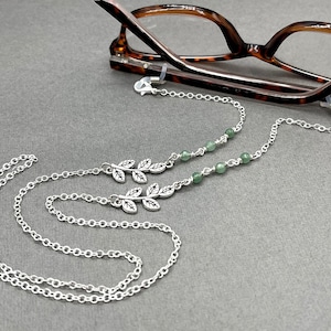 Jade Gemstone Necklace, Green Stone Necklace, Eyeglasses Chain, Silver Leaf Necklace, Eyeglass Holders, Glasses Chain, Sunglasses Necklace image 2