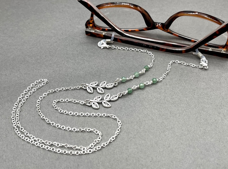 Jade Gemstone Necklace, Green Stone Necklace, Eyeglasses Chain, Silver Leaf Necklace, Eyeglass Holders, Glasses Chain, Sunglasses Necklace image 2