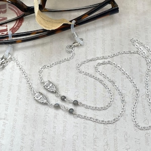 Labradorite Gemstone Eyeglasses Chain, Silver Owl Charm Glasses Necklace, Bird Animal Necklace, Eyeglass Lanyard, Sunglasses Laces Chain