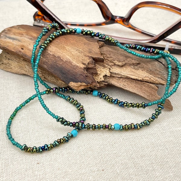 Turquoise Eyeglasses Chain, Beaded Blue Eyeglass Necklace, Sunglasses Lanyard, Glasses Cord, Green Gemstone Necklace, Grandma Birthday Gift