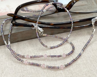 Rose Quartz Eyeglasses Necklace, Pink Gemstone Sunglass Lanyard, Crystal Eyeglass Chain, Purple Sunglasses Chain, Reading Glasses Holder