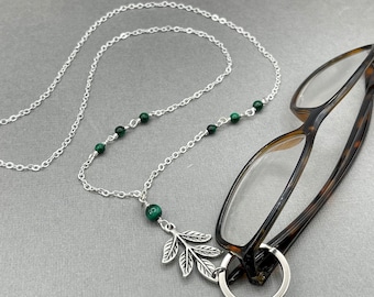 Green Tiger Eye Gemstone Eyeglasses Lanyard, Reading Glasses Eyeglass Loop, Silver Leaf Badge Holder, June Birthday Gift, Sunglasses Chain