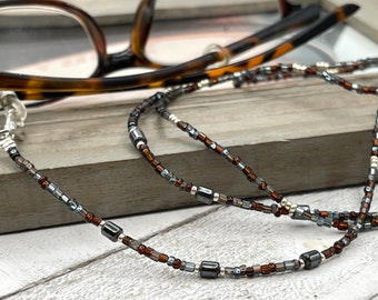 Chaîne de lunettes perlées d’argent, collier de lunettes en pierres précieuses hématite, lanière de lunettes noires, chaîne de lunettes de soleil, cadeau de grand-mère