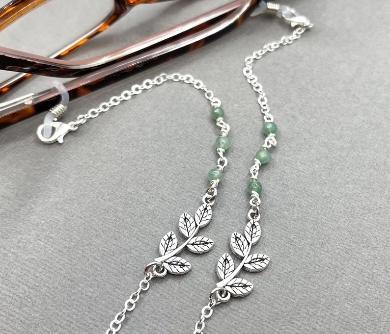 Jade Gemstone Necklace, Green Stone Necklace, Eyeglasses Chain, Silver Leaf Necklace, Eyeglass Holders, Glasses Chain, Sunglasses Necklace image 7