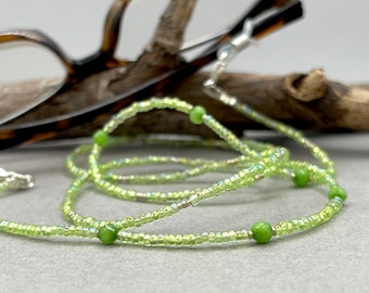 Green Jade Necklace, Glasses Necklace, Beaded Sunglass Necklace, Eyeglasses Necklace, Green Gemstone Necklace, Grandma Necklace, Sunglasses