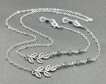 Jade Gemstone Eyeglass Necklace, Green Stone Eyeglasses Chain, Silver Leaf Sunglass Holders, Grandma Gift