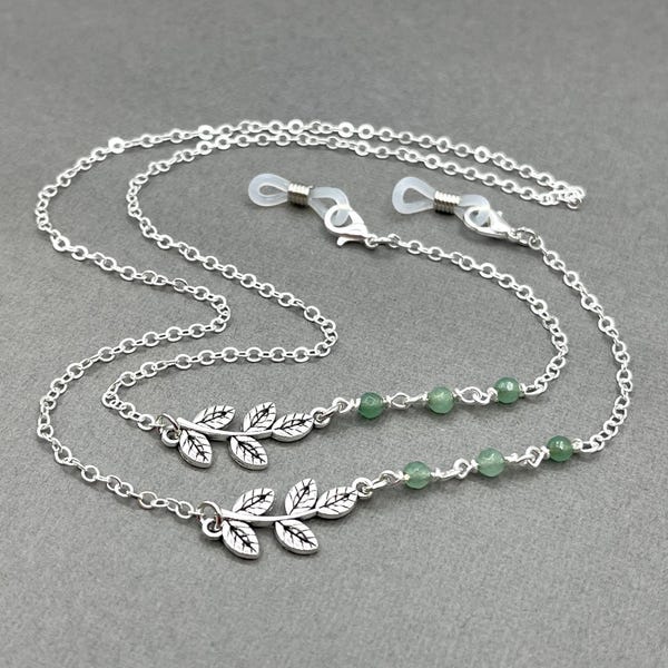 Jade Gemstone Eyeglass Necklace, Green Stone Eyeglasses Chain, Silver Leaf Sunglass Holders, Grandma Gift