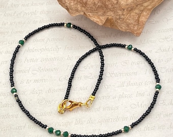 Tiny Green Jade Gemstone Beaded Choker, Delicate Dainty Black Necklace, Minimalist Layered Tiny Seed Beads Boho Chain, March Birthday