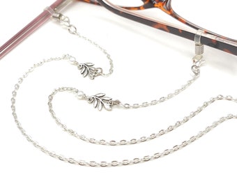 Eyeglasses Chain - Silver Necklace - Leaf Necklace - Pearl Necklace - Eyeglass Holder Necklace - Reading Glasses Chain - Eyeglasses Necklace