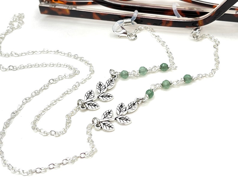 Jade Gemstone Necklace, Green Stone Necklace, Eyeglasses Chain, Silver Leaf Necklace, Eyeglass Holders, Glasses Chain, Sunglasses Necklace image 5