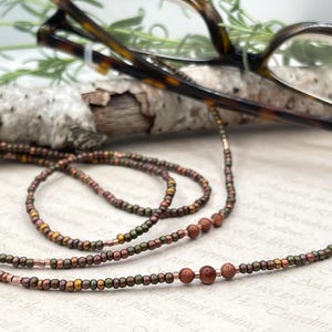 Sunstone Gemstone Eyeglasses Necklace, Brown Rainbow Beaded Sunglasses Lanyard, Delicate Eyeglass Chain, Sunglass Laces, Grandma Necklace