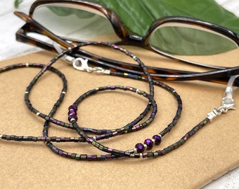 Rainbow Purple Beaded Eyeglass Necklace, Black CZ Reading Glasses Chain, Eyeglasses Lanyard, Sunglasses Necklace, Sunglass Holder, Grandma