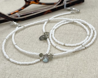 Labradorite Glasses Necklace, White Sunglasses Necklace, Dainty Eyeglasses Necklace, Sunglass Chain, Grandma Necklace Gift, Reading Glasses