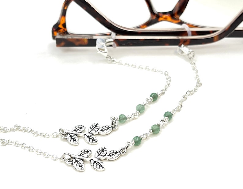 Jade Gemstone Necklace, Green Stone Necklace, Eyeglasses Chain, Silver Leaf Necklace, Eyeglass Holders, Glasses Chain, Sunglasses Necklace image 9