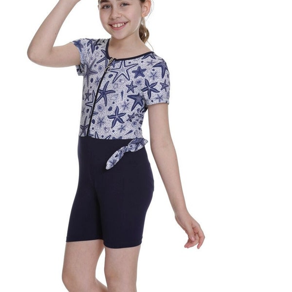 Size 5-6Y, Star 1-piece Swimwear Modest Teenager Kids Girls Swimsuit Covered Beachwear Burkini, Sun protection, w Hijab