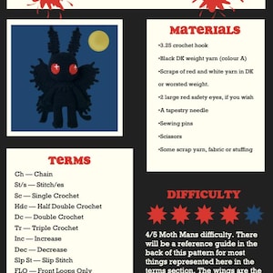 May include: A crochet pattern for a moth man amigurumi toy. The pattern includes instructions for making the moth man's body, wings, and eyes. The difficulty level is rated 4 out of 5 stars. The pattern also includes a list of materials needed, such as yarn, crochet hook, and safety eyes.