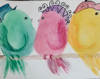 Whimsical Quirky Birds Painting Watercolor Original Colorful Unique Funky Fun Art Unframed