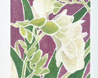 Weiße Freesien Blumen Holzschnitt Holzschnitt,Original Kunst White-Line Blockprint,Kleine Handgefertigte Wanddekoration,Buntes Kunstwerk