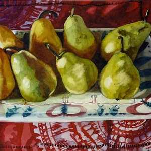 Pere in un piatto dipinto ad acquerello, stampa artistica a tema cucina, opera d'arte con ciotola di frutta, arte murale con pere gialle, giclée colorata brillante di piccole o medie dimensioni