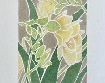 Yellow Freesia Flowers Woodblock Print,Floral Woodcut,Original Art White-Line Blockprint, Small Handmade Wall Decor,Bright Colorful Artwork
