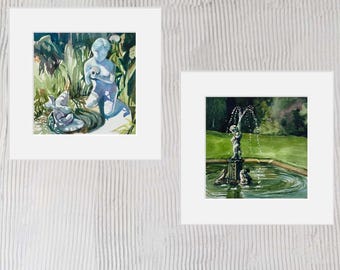 Set of 2 Water Fountain Unframed Watercolor Prints,Realistic Garden Statue Square Artwork Paintings, Green Colorful Gicleè Wall Decor