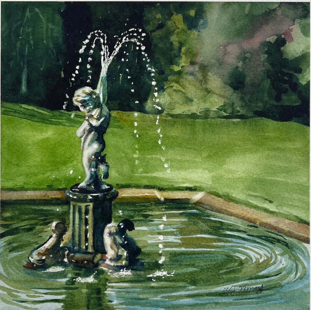 絵画 water fountain Water Fountain Art Print,watercolor Cherub Statue Artwork,square