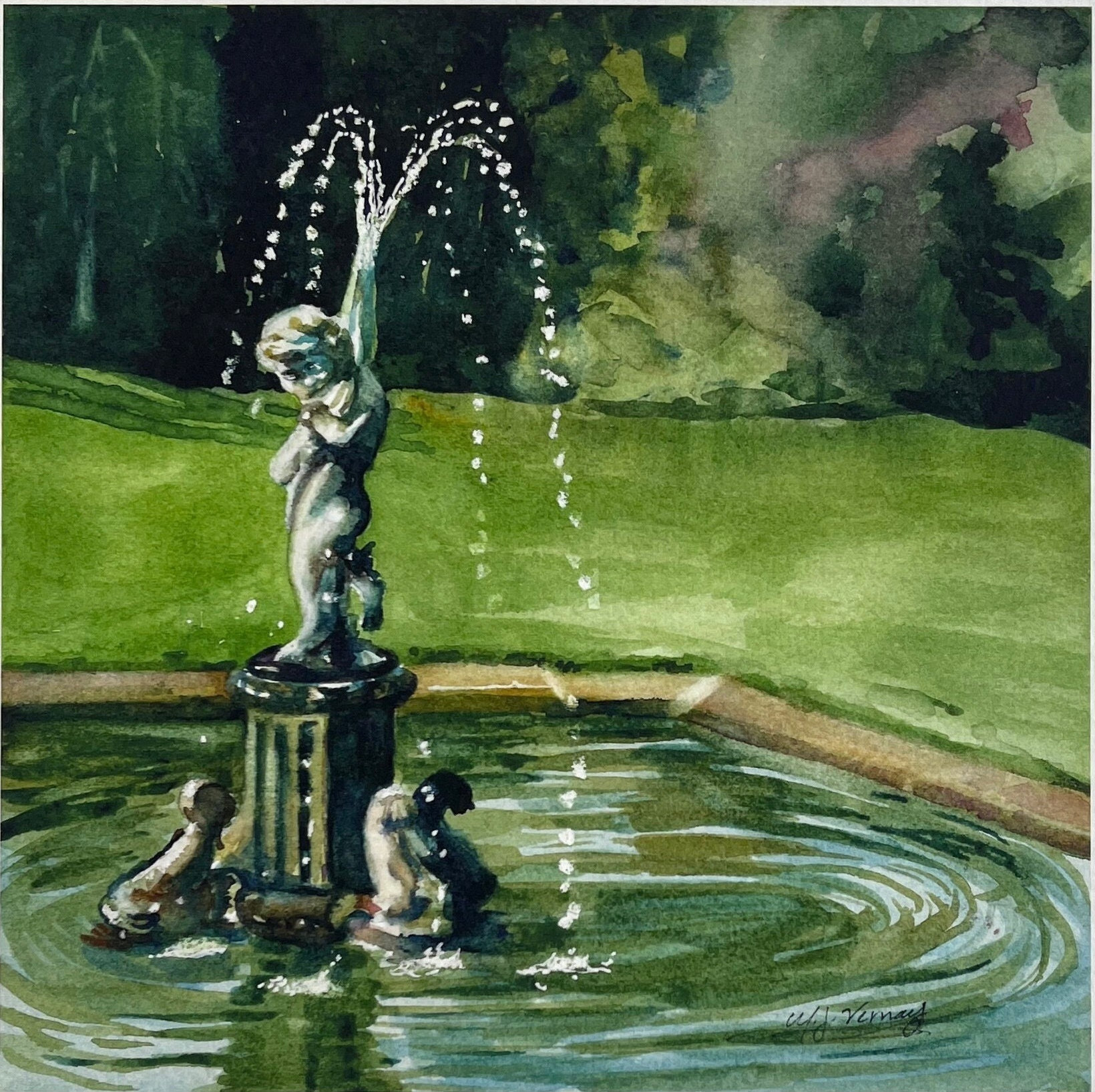 Water Fountain Art Print,watercolor Cherub Statue Artwork,square